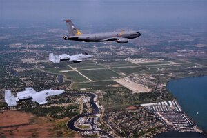 A KC-135 Stratotanker and two A-10 Thunderbolt IIs from the 127th Wing fly over the wing's home station of Selfridge Air National Guard Base, Mich., May 24, 2016. The 127th Wing has been awarded the Spaatz Trophy by the National Guard Association of the United States, which recognizes the top flying unit in the country in the National Guard. (U.S. Air National Guard photo by Master Sgt. Elizabeth Holliker)
