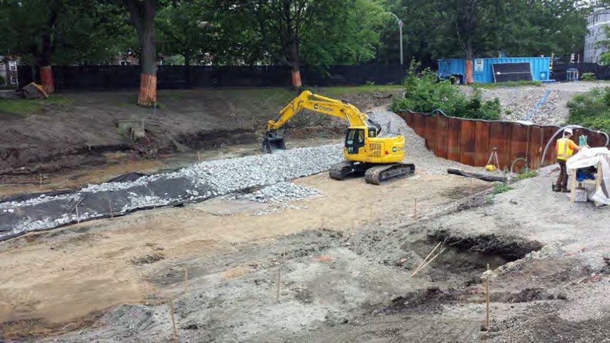 Bank stabilization/construction with stone protection at Upper Fens Pond – early June 2015.