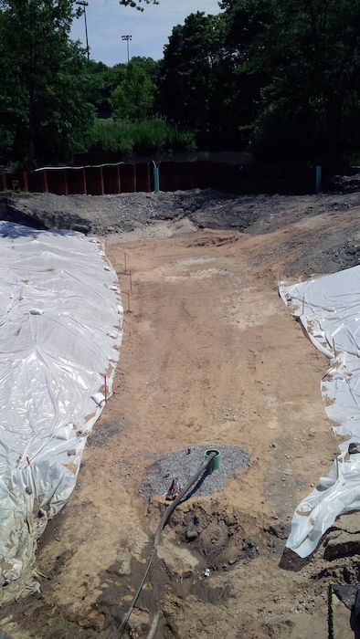 Flood Risk Management Channel created downstream of Avenue Louis Pasteur – awaiting installation of articulated concrete blocks for downstream scour protection – early July 2015.