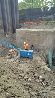 Upstream of Existing Avenue Louis Pasteur – View of existing concrete junction box and twin 72” culverts – late July 2015.