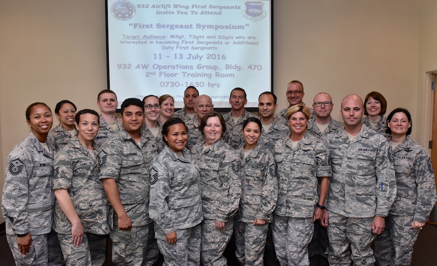 Airmen of the 932nd Airlift Wing in the ranks of master sergeant,  technical sergeant, and some staff sergeants who are interested in eventually becoming First Sergeants or Additional Duty First Sergeants are meeting in the 932nd Operations Group through July 13 to learn more about their many responsibilities and tasks that would be required.  Teaching one of the legal courses is Maj. Amy Morgan (second row, far right).  (U.S. Air Force photo by Christopher Parr)