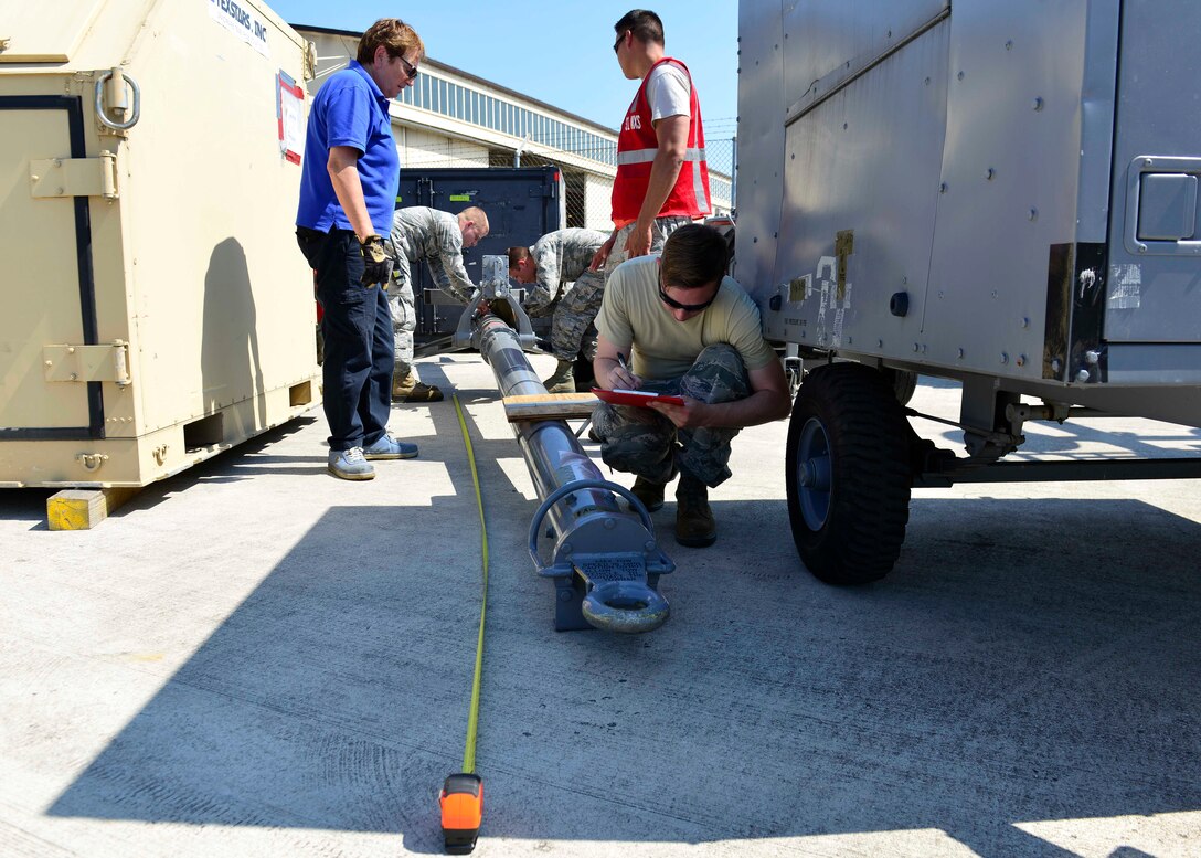 Team Aviano members verify cargo information during a joint inspection, June 29, 2016, at Aviano Air Base, Italy, in preparation for Exercise Red Flag 16-3 at Nellis Air Force Base, Nev. The joint inspection was the final check before the cargo was cleared for transport to Nellis AFB for the exercise. (U.S. Air Force photo by Airman 1st Class Cary Smith/Released)