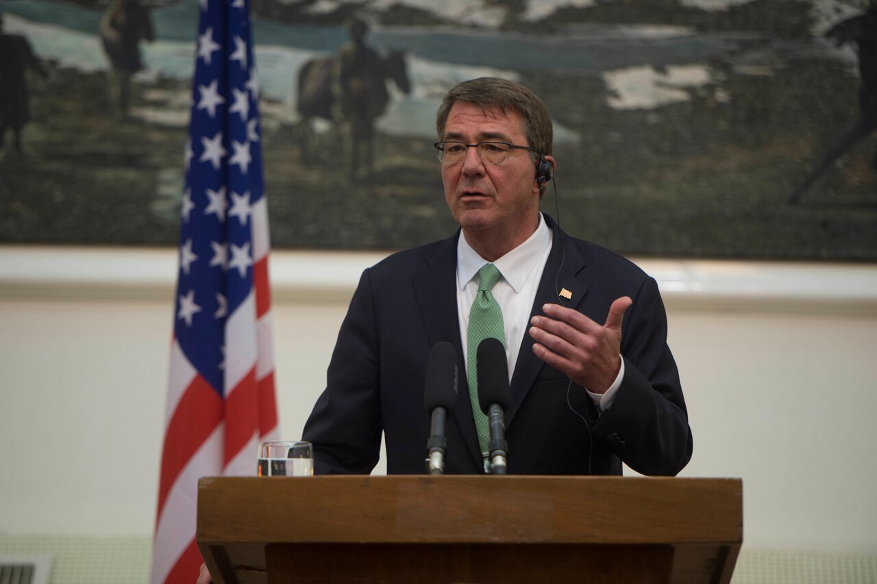 Defense Secretary Ash Carter speaks during a news conference in Kabul, Afghanistan, July 12, 2016. Carter visited Afghanistan to meet with government leaders about the Resolute Support mission. DoD photo by Navy Petty Officer 1st Class Tim D. Godbee