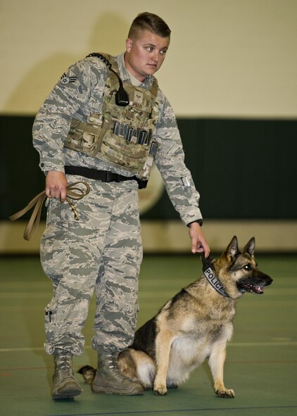 Senior Airman Dakota Willis, 5th Security Forces Squadron military working dog handler, holds MWD Cyndy during a K9 demonstration at the Youth Center at Minot Air Force Base, N.D., July 7, 2016. Cyndy stayed focused as Willis gave commands to a temporarily compliant suspect. (U.S. Air Force photo/Airman 1st Class J.T. Armstrong)