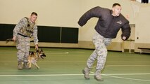 Staff Sgt. Stephen Nores, 5th Security Forces Squadron military working dog trainer, runs as Senior Airmen Dakota Willis, 5th SFS MWD hander, verbally briefs him that he will release his dog at Minot Air Force Base, N.D., July 7, 2016. Nores wore a protective jacket to demonstrate MWD Cyndy’s ability to stop a noncompliant suspect. (U.S. Air Force photo/Airman 1st Class J.T. Armstrong)