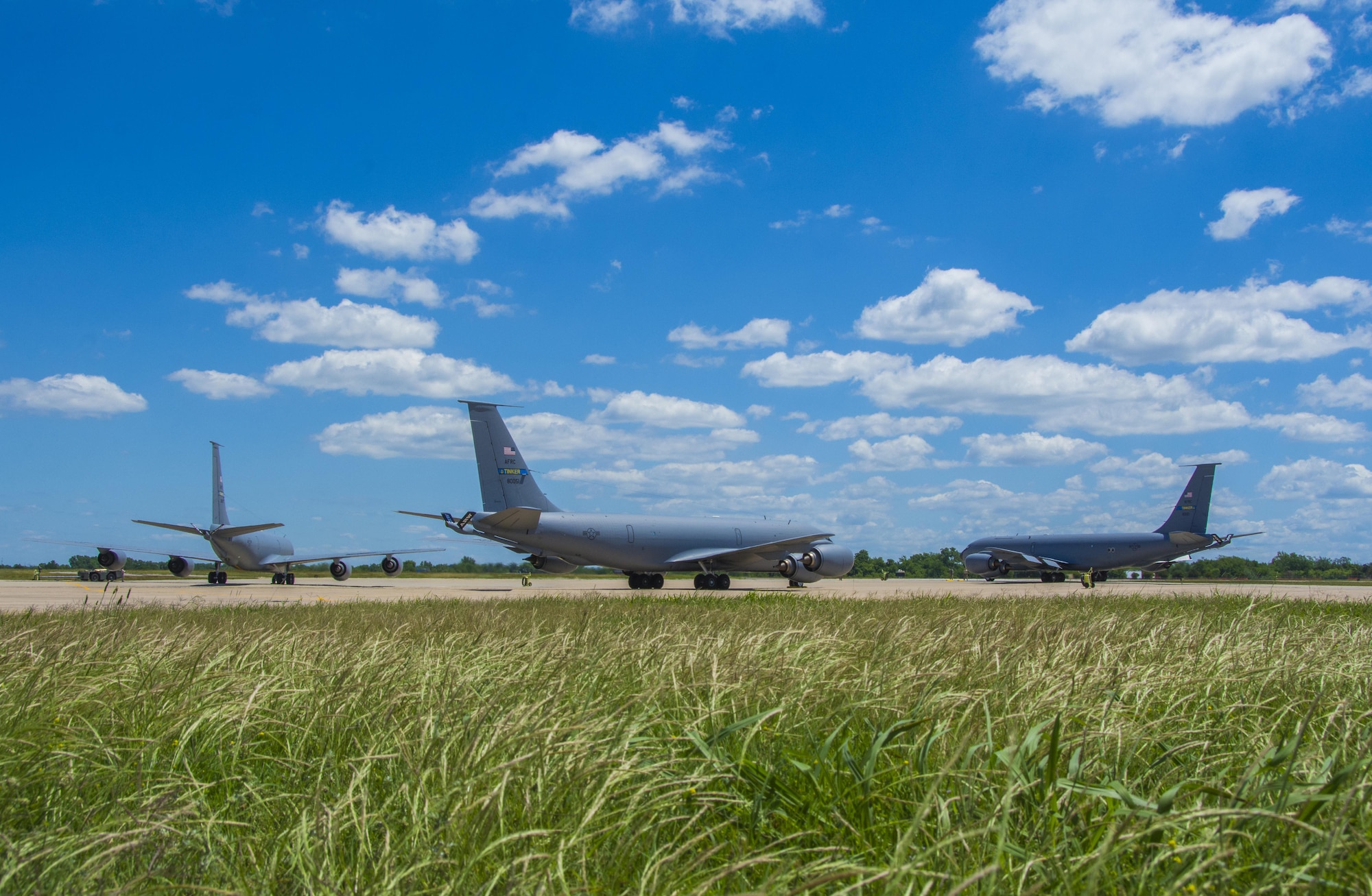 Three 507th Air Refueling Wing KC-135 Stratotanker alert aircraft prepare to launch in support of the June Operational Exercise 16 at Tinker Air Force Base, Oklahoma. JOE 16 areas of inspection included maintaining aircraft, securing critical assets, processing personnel and cargo, responding to and launching alert aircraft, running command post operations, and many other critical tasks. (U.S. Air Force Photo/Master Sgt. Grady Epperly)