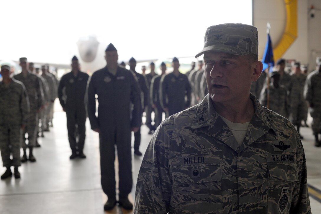 Col. Michael G. Miller, 916th Air Refueling Wing vice wing commander, gives commands to a formation of 916th Airmen during the wing’s change of command ceremony, July 10, 2016, at Seymour Johnson Air Force Base, North Carolina. During the ceremony, which started at exactly 9:16 a.m., Col. Craig B. Shenkenberg relinquished command to Col. Eric R. Jenkins, formally the vice wing commander of the 507th ARW, Tinker AFB, Oklahoma. (U.S. Air Force Photo/Senior Airman Jeramy Moore)