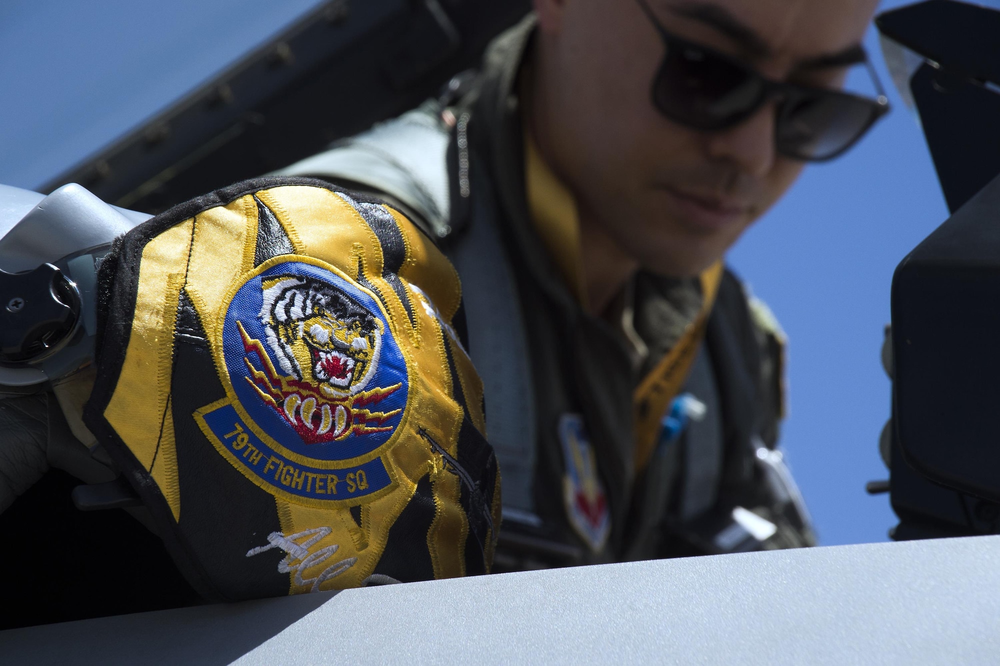 Capt. Christopher Garner, 79th Fighter Squadron F-16 Fighting Falcon pilot, inspects the cockpit prior to a flight mission during Red Flag 16-3 at Nellis Air Force Base, Nevada, Monday, July 11, 2016. Red Flag is the service’s premier air-to-air combat training exercise and one of a series of advanced training programs administered by the U.S. Air Force Warfare Center and executed through the 414th Combat Training Squadron. (U.S. Air Force photo/Tech. Sgt. Julius Delos Reyes)