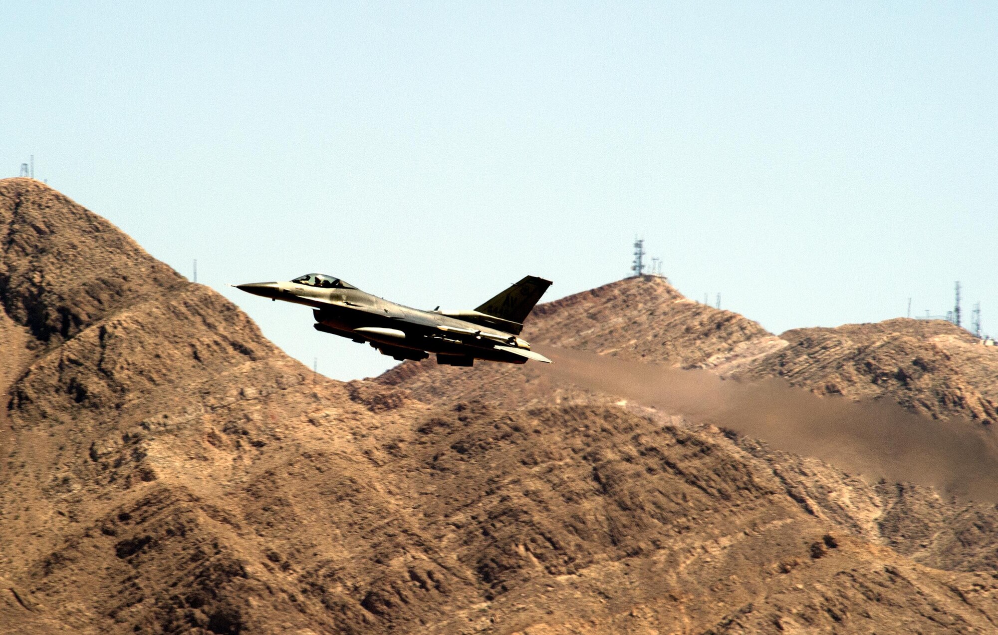A 555th Fighter Squadron F-16 Fighting Falcon from Aviano Air Base, Italy, takes off from Nellis Air Force Base, Nevada, Monday, June 11, 2016, as part of Red Flag 16-3 exercise. Red Flag is the service’s premier air-to-air combat training exercise and one of a series of advanced training programs administered by the U.S. Air Force Warfare Center and executed through the 414th Combat Training Squadron. (U.S. Air Force photo/Tech. Sgt. Julius Delos Reyes)