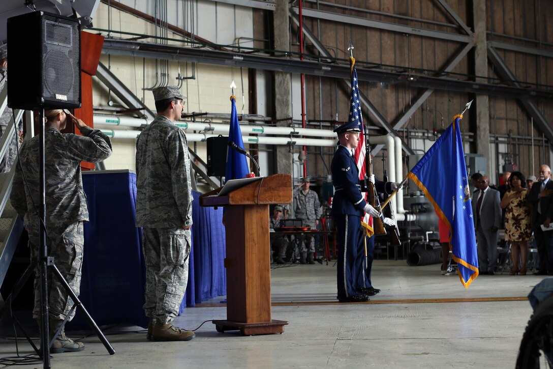 Maj. David Ramirez, 916th Operational Support Squadron, sings the National Anthem at a change of command ceremony, July 10, 2016, at Seymour Johnson Air Force Base, North Carolina. During the ceremony, which started at exactly 9:16 a.m., Col. Eric R. Jenkins took command of the 916th Air Refueling Wing from Col. Craig Shenkenberg. (U.S. Air Force Photo/Master Sgt. Wendy Lopedote)