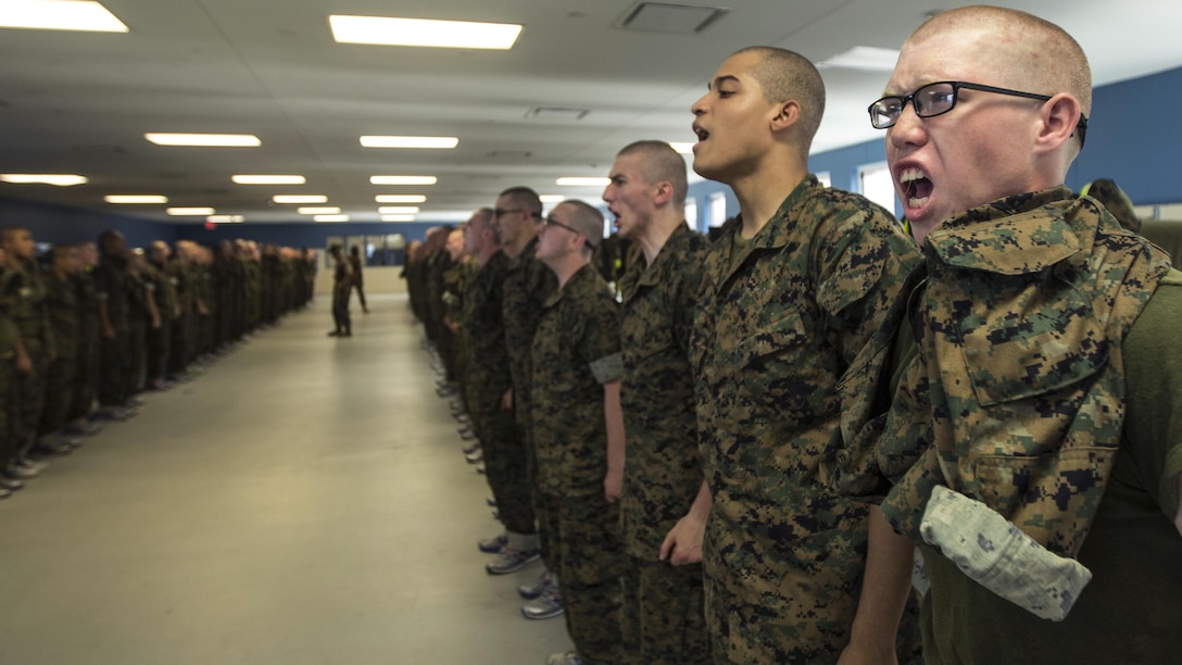 Recruits of India Company, 3rd Recruit Training Battalion, respond to a command June 11, 2016, at Recruit Training Depot Parris Island, South Carolina. Recruits spend the first week of training learning the day to day routine. India Company is scheduled to graduate Sept. 2, 2016. Parris Island has been the site of Marine Corps recruit training since Nov. 1, 1915. Today, approximately 19,000 recruits come to Parris Island annually for the chance to become United States Marines by enduring 12 weeks of rigorous, transformative training. Parris Island is home to entry-level enlisted training for approximately 49 percent of male recruits and 100 percent of female recruits in the Marine Corps.