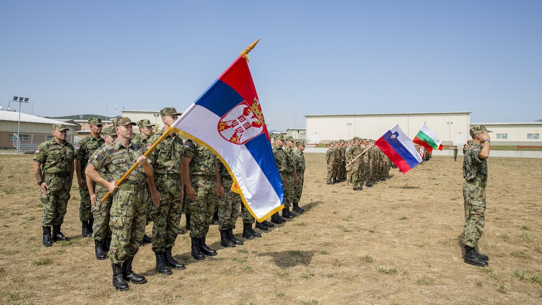 NATO and partner nations salute for the playing of each nation’s national anthem during the opening ceremony of Exercise Platinum Lion 16-4 at Novo Selo Training Area, Bulgaria, July 11, 2016. Platinum Lion is a large scale exercise where eight NATO and partner nations came together for a multi-national, live-fire exercise aimed to strengthen regional defense.
