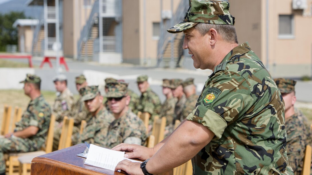 NATO and partner nations salute for the playing of each nation’s national anthem during the opening ceremony of Exercise Platinum Lion 16-4 at Novo Selo Training Area, Bulgaria, July 11, 2016. Eight NATO and partner nations and hundreds of troops came together for Platinum Lion 16-4, a multi-national, live-fire exercise that demonstrates the ability of nations all across Europe to amass quickly. 