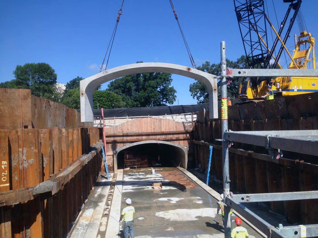 Precast concrete culvert section being placed for the new Riverway Culvert – 12 August 2015.