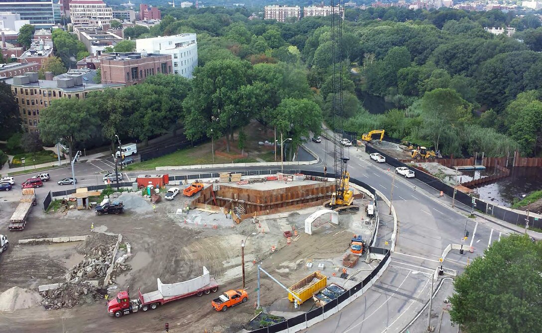 Note the crane is lifting the Riverway precast concrete culverts into place – 12 August 2015.