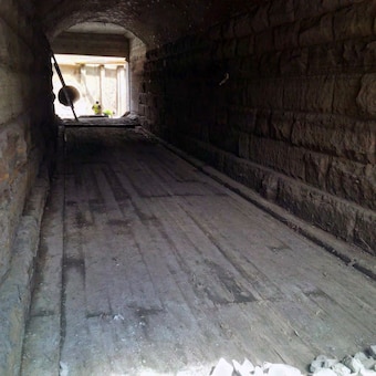 Completed sediment removal from inside the existing Avenue Louis Pasteur culvert revealed an existing timber flooring – late August 2015.