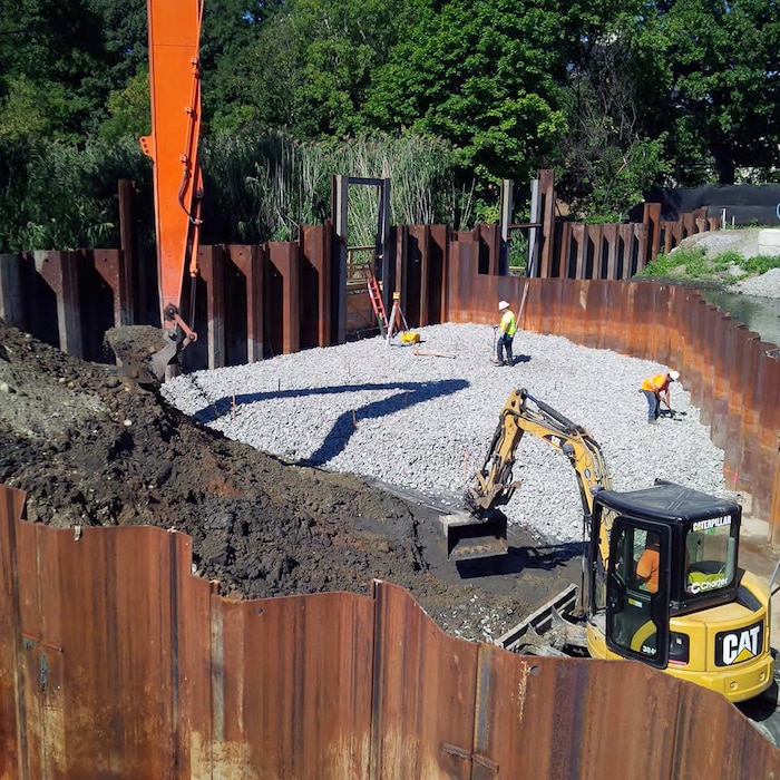 Grading and excavating of the flood risk management (FRM) channel on the southside downstream of the FRCS – mid September 2015.