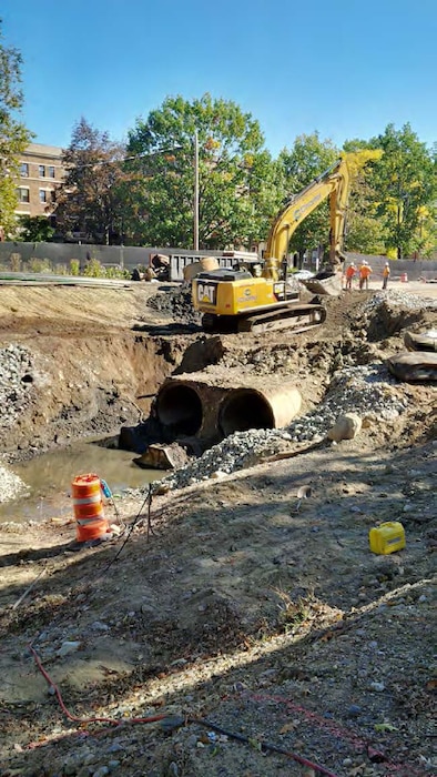 Location of where the existing twin 72” culverts begin. Note the excavation to daylight the area between Upper Fens Pond and Avenue Louis Pasteur has begun – mid October 2015.