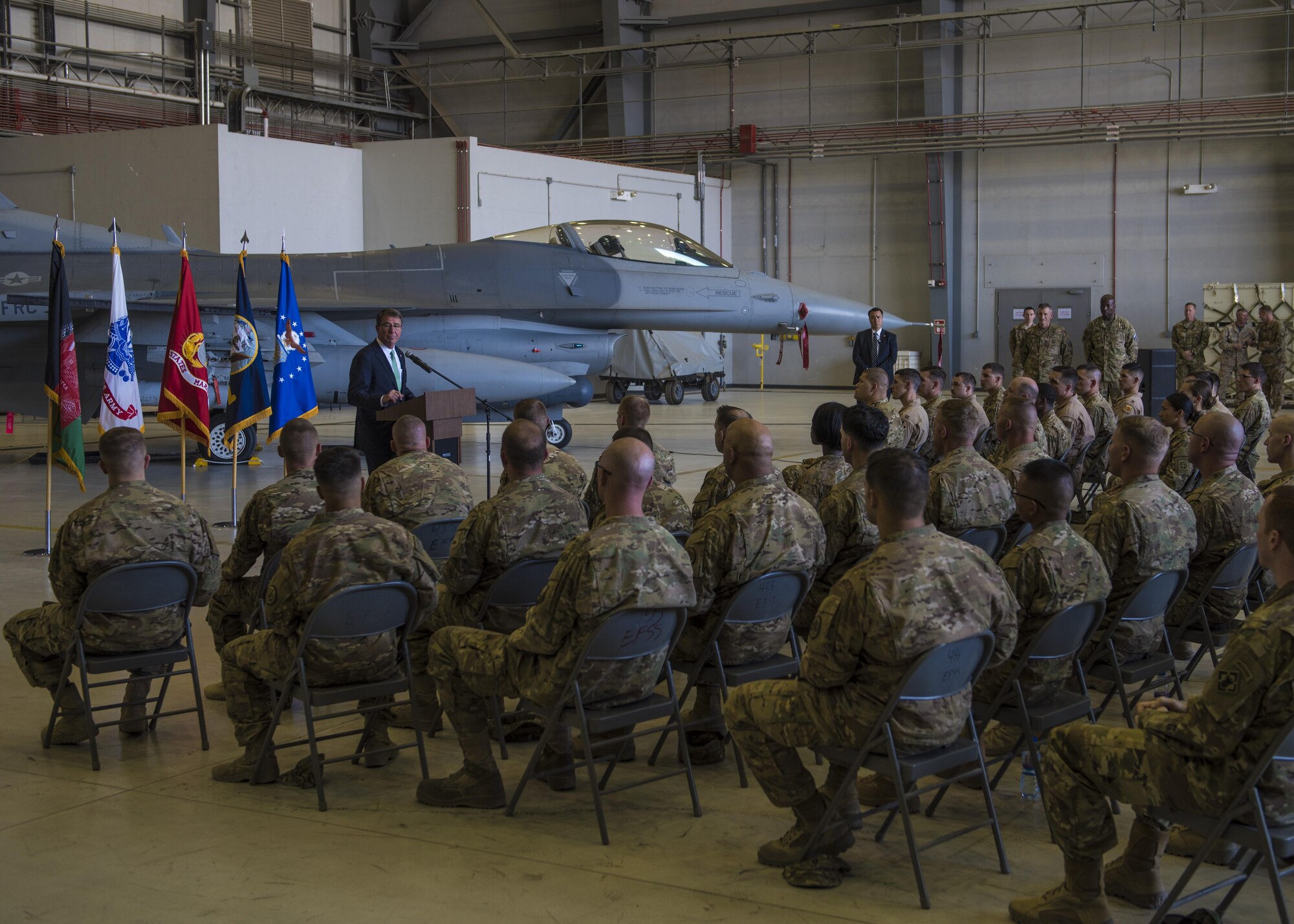 Secretary of Defense Ashton Carter speaks to servicemembers deployed to Bagram Airfield, Afghanistan during an all call, July 12, 2016. During his visit Carter thanked service members for their continued service and dedication to the nation, while answering questions from service members and members of the press. (U.S. Air Force photo by Senior Airman Justyn M. Freeman)