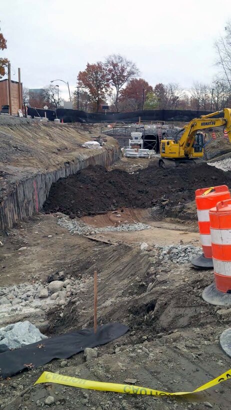 Note the existing timber piling on the left side which delineates the side of the existing twin 72” culverts that were recently removed as part of the daylighting efforts – early November 2015.