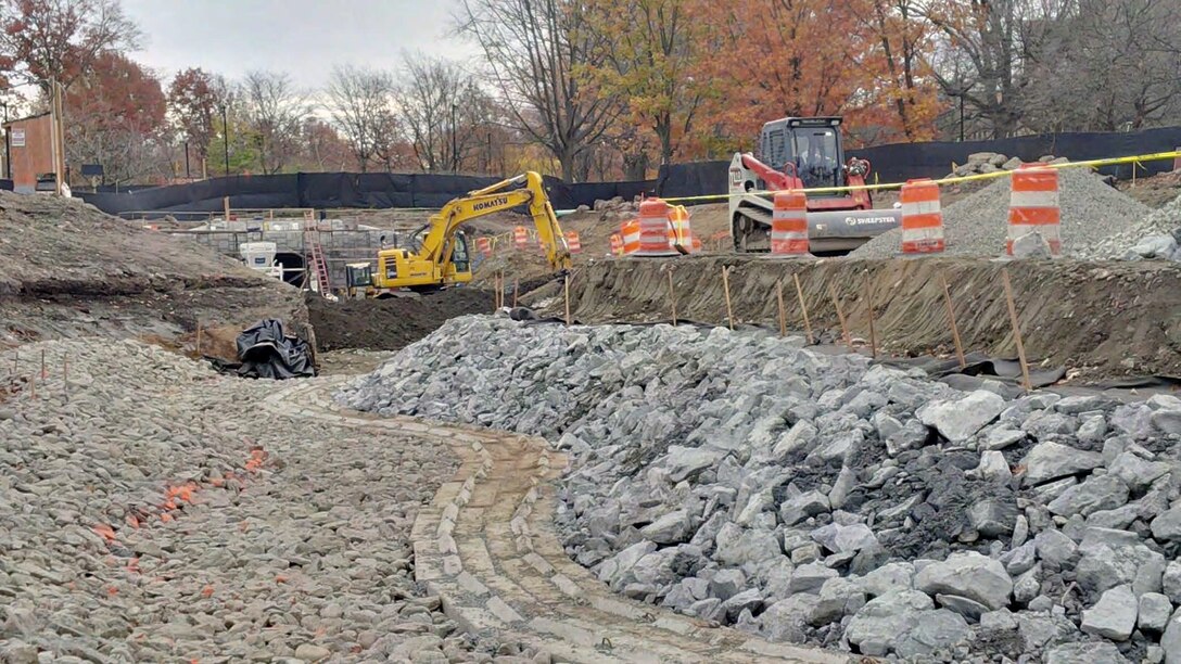 Daylighting of area between  – note the recreation of the historic Olmsted island (foreground right) starting to take shape – early November 2015