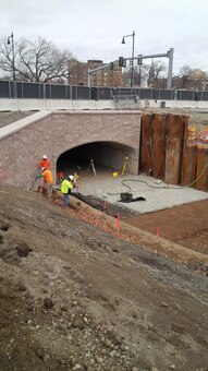 Installation of the Articulated Concrete Blocks (ACBs) for scour protection downstream of the new Riverway Culvert – mid November 2015.