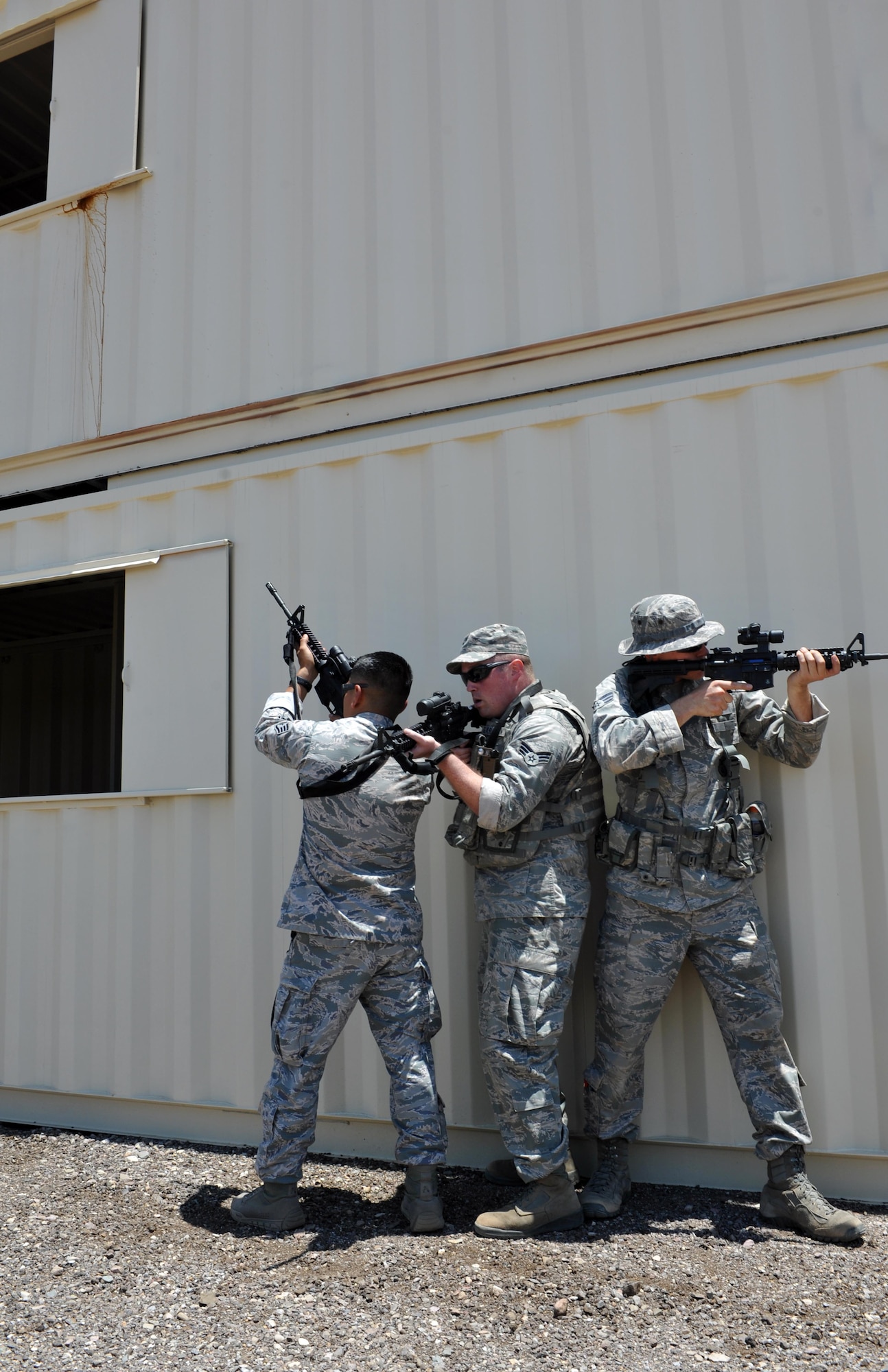 720th Security Forces Squadron members train in triple-digit heat during a drill weekend at Davis-Monthan Air Force Base, Ariz., June 4. They work alongside the 943rd Rescue Group to support active-duty and Air Force Reserve missions. Their parent unit is the 920th Mission Support Group at Patrick Air Force Base, Fla. (U.S. Air Force photo by Tech. Sgt. Carolyn Herrick)