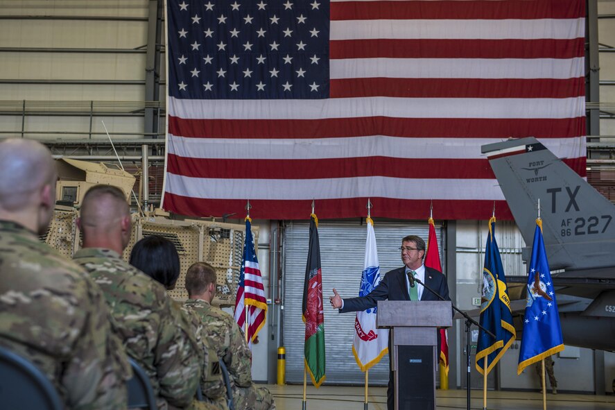 Defense Secretary Ash Carter speaks to troops at Bagram Airfield, Afghanistan.