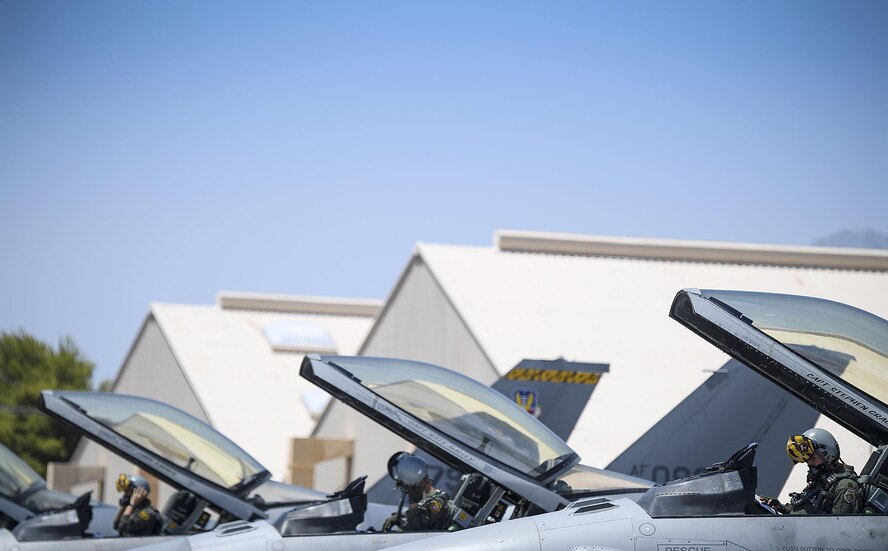 Pilots from Shaw Air Force Base's 79th Fighter Squadron prepare to take off at Nellis Air Force Base, Nevada, July 11, 2016 day one of Red Flag. Red Flag test service members' ability to operate in a multi-domain environment, consisting of air, space and cyberspace. (U.S. Air Force photo/Tech. Sgt. David Salanitri)