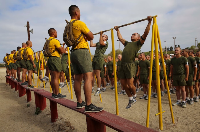 Recruits from Hotel Company, 2nd Recruit Training Battalion, conduct pull-ups during an inventory physical fitness test at Marine Corps Recruit Depot San Diego, July 11. To complete a single pull-up, recruits had to get their chin over the bar completely. Annually, more than 17,000 males recruited from the Western Recruiting Region are trained at MCRD San Diego. Hotel Company is scheduled to graduate Aug. 5.