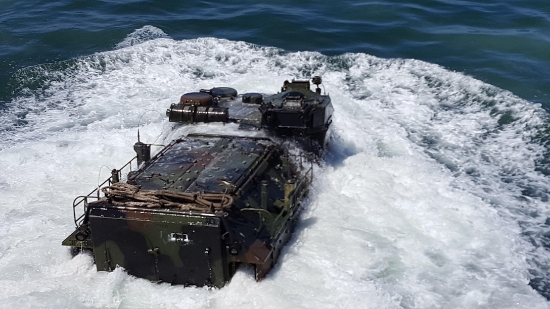 An amphibious assault vehicle reemerges after disembarking the Mexican navy tank landing ship ARM Usumacinta (A-412) July 5, 2016. U.S. Marines assigned to Bravo Company, 3rd Amphibious Assault Battalion practiced AAV embarkation procedures with crewmembers of the Usumacinta (A-412) as part of the Rim of Pacific 2016 exercise. Twenty-six nations, more than 40 ships and submarines, more than 200 aircraft and 25,000 personnel are participating in RIMPAC from June 30 to Aug. 4, in and around the Hawaiian Islands and Southern California. The world's largest international maritime exercise, RIMPAC provides a unique training opportunity that helps participants foster and sustain the cooperative relationships that are critical to ensuring the safety of sea lanes and security on the world's oceans.