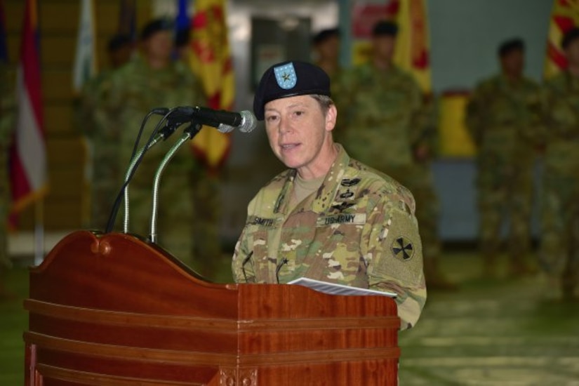 Eighth Army Deputy Commanding General for Sustainment Brig. Gen. Tammy Smith addresses attendees during a Patch Ceremony July 7 at U.S. Army Garrison Yongsan in Seoul. (Photo Credit: Tim Oberle, Eighth Army Public Affairs)