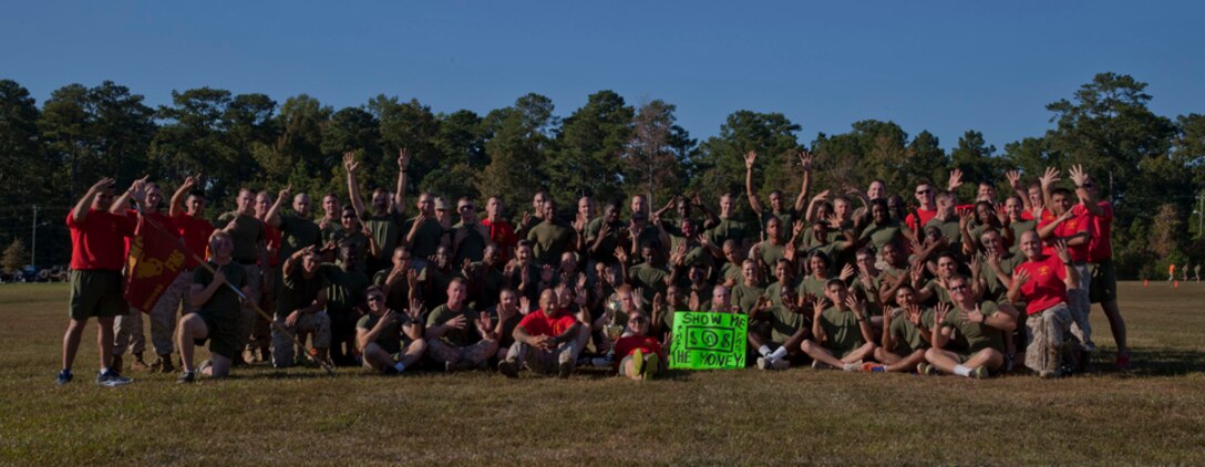 U.S. Marines from Financial Management School, Marine Corps Combat Service Support Schools (MCCSSS), pose with their first place trophy after the MCCSSS Field Meet held aboard Camp Johnson, N.C., Oct. 23, 2015. Students and Staff of MCCSSS compete in the field meet to encourage camaraderie and motivation among all the schools. (U.S. Marine Corps Combat Camera photo by Lance Cpl. Amy L. Plunkett/ Released)