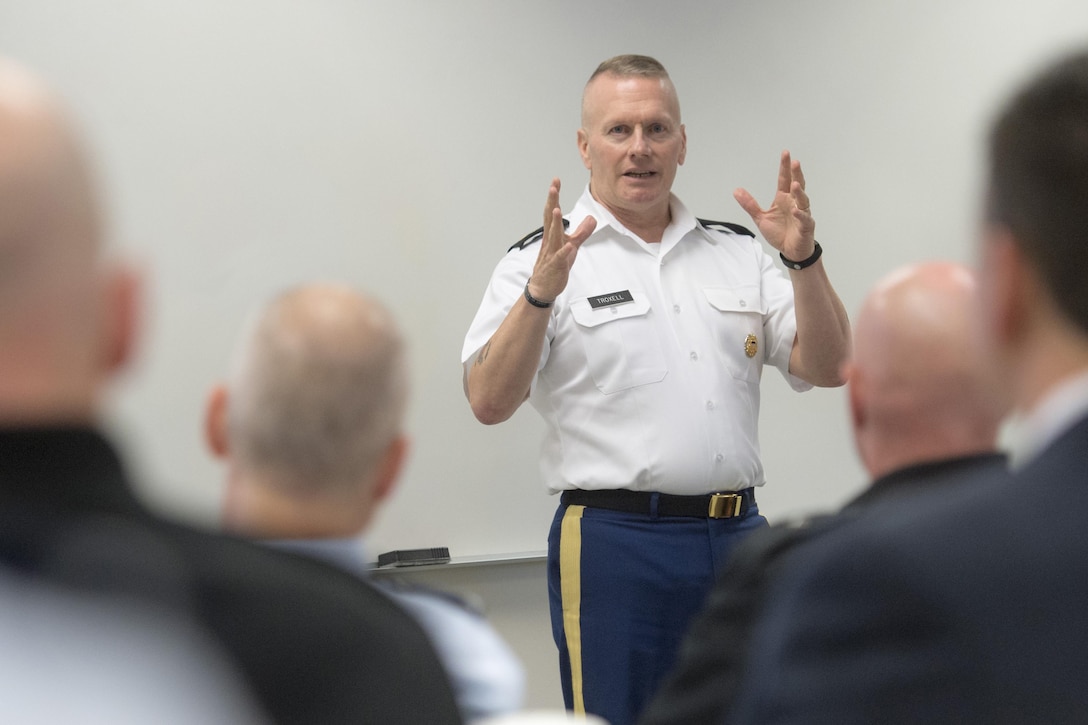 Army Command Sgt. Maj. John W. Troxell, senior enlisted advisor to the chairman of the Joint Chiefs of Staff, addresses general and flag officers during a National Defense University Capstone course at Fort Lesley J. McNair in Washington, D.C., July 12, 2016. The course aims to make general and flag officers more effective in planning and employing U.S. forces in joint and combined operations. DoD photo by Navy Petty Officer 2nd Class Dominique A. Pineiro