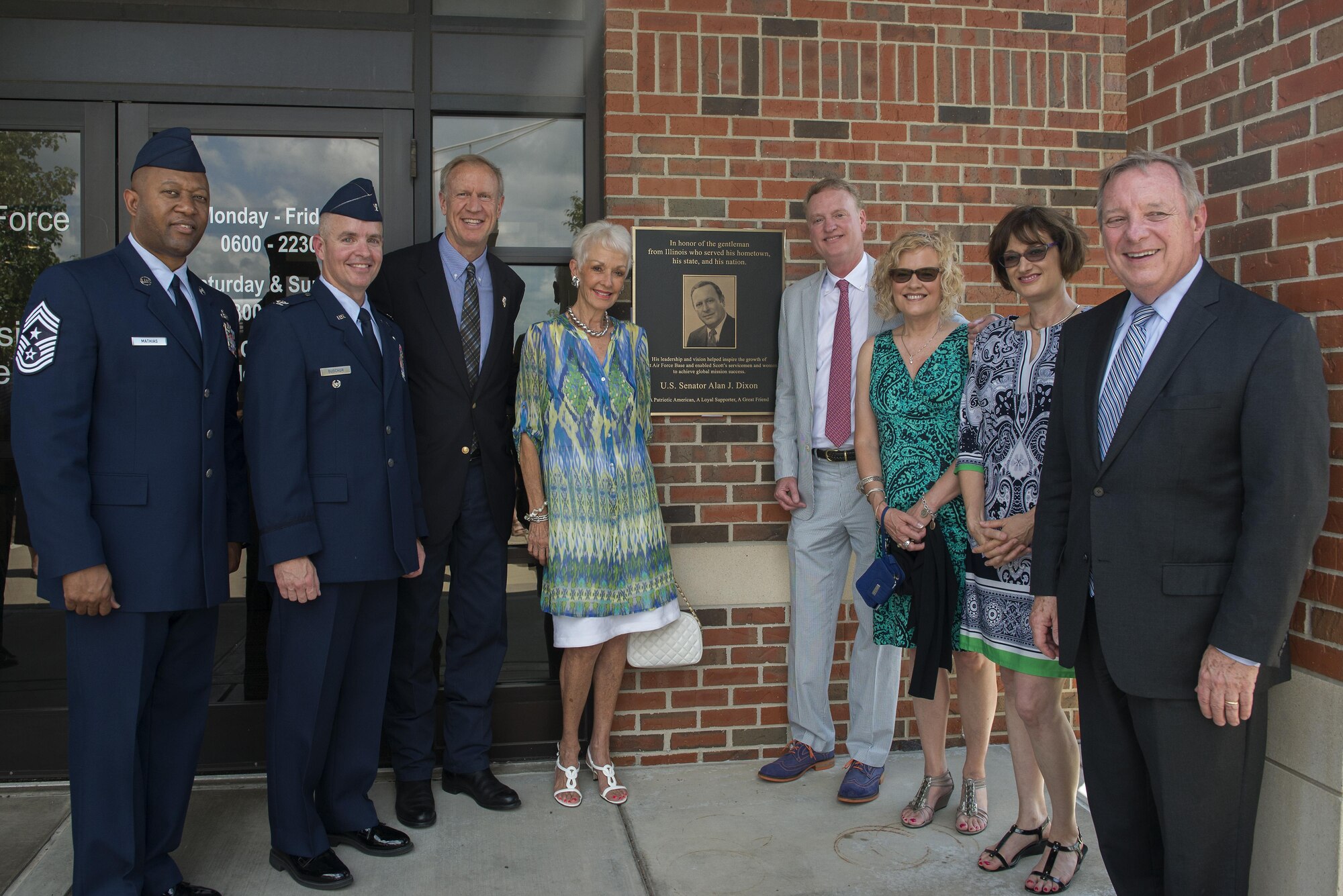 Ill. Sen. Alan J. Dixon’s family along with Governor Bruce Rauner and Senator Dick Durbin visited Scott to honor him during a dedication ceremony at the visitors control center at Scott Air Force Base, Ill., July 8, 2016. The visitor control center was dedicated to Dixon, who gave 43 years of public service to Scott AFB and the state of Ill.

(U.S. Air Force photo/ Senior Airman Kiana Brothers)
