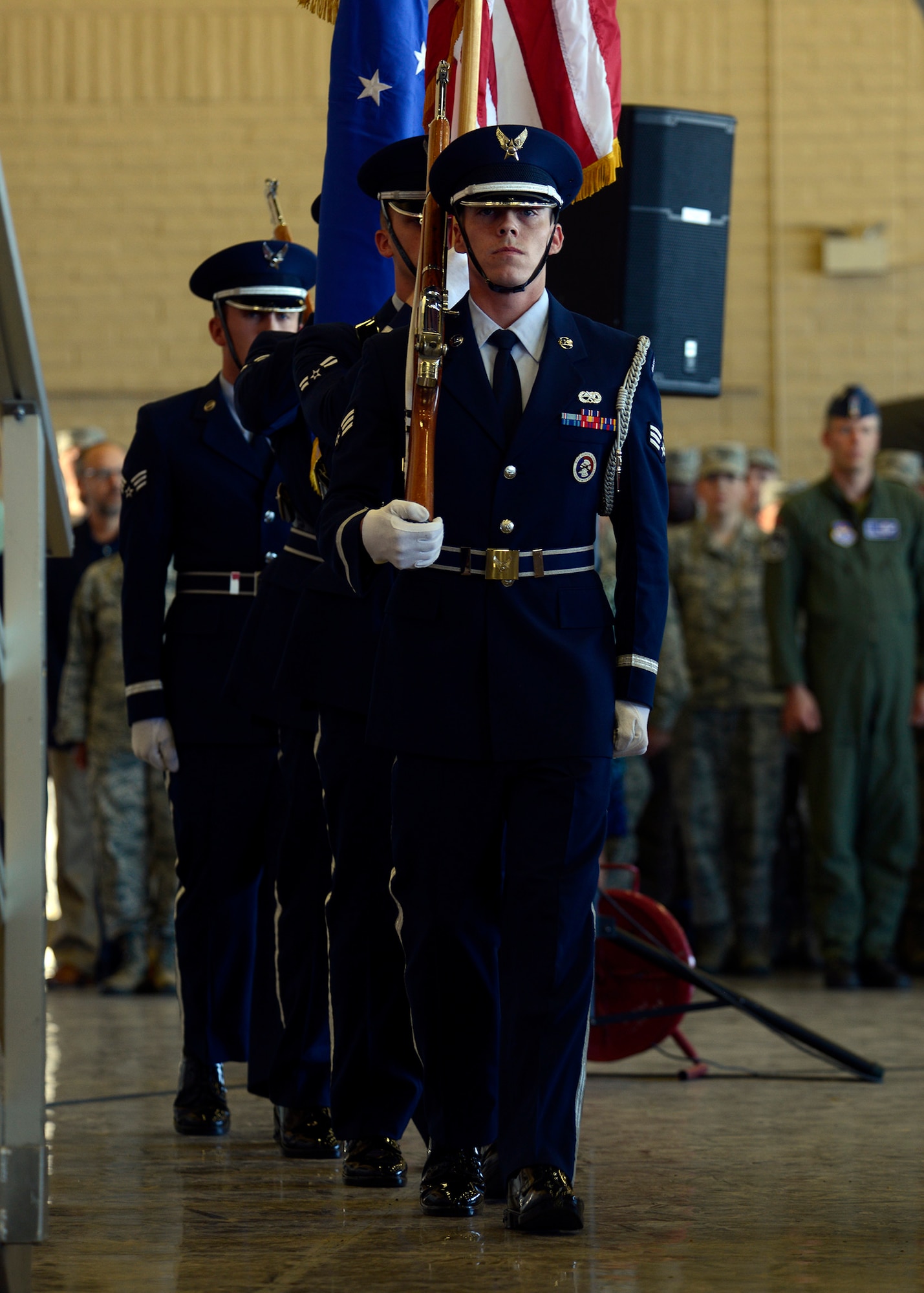 Members of the Luke Air Force Base honor guard prepare to present the colors during the 56th Fighter Wing Change of Command ceremony July 13, 2016 at Luke Air Force Base, Ariz. (U.S. Air Force photo by Senior Airman Devante Williams)