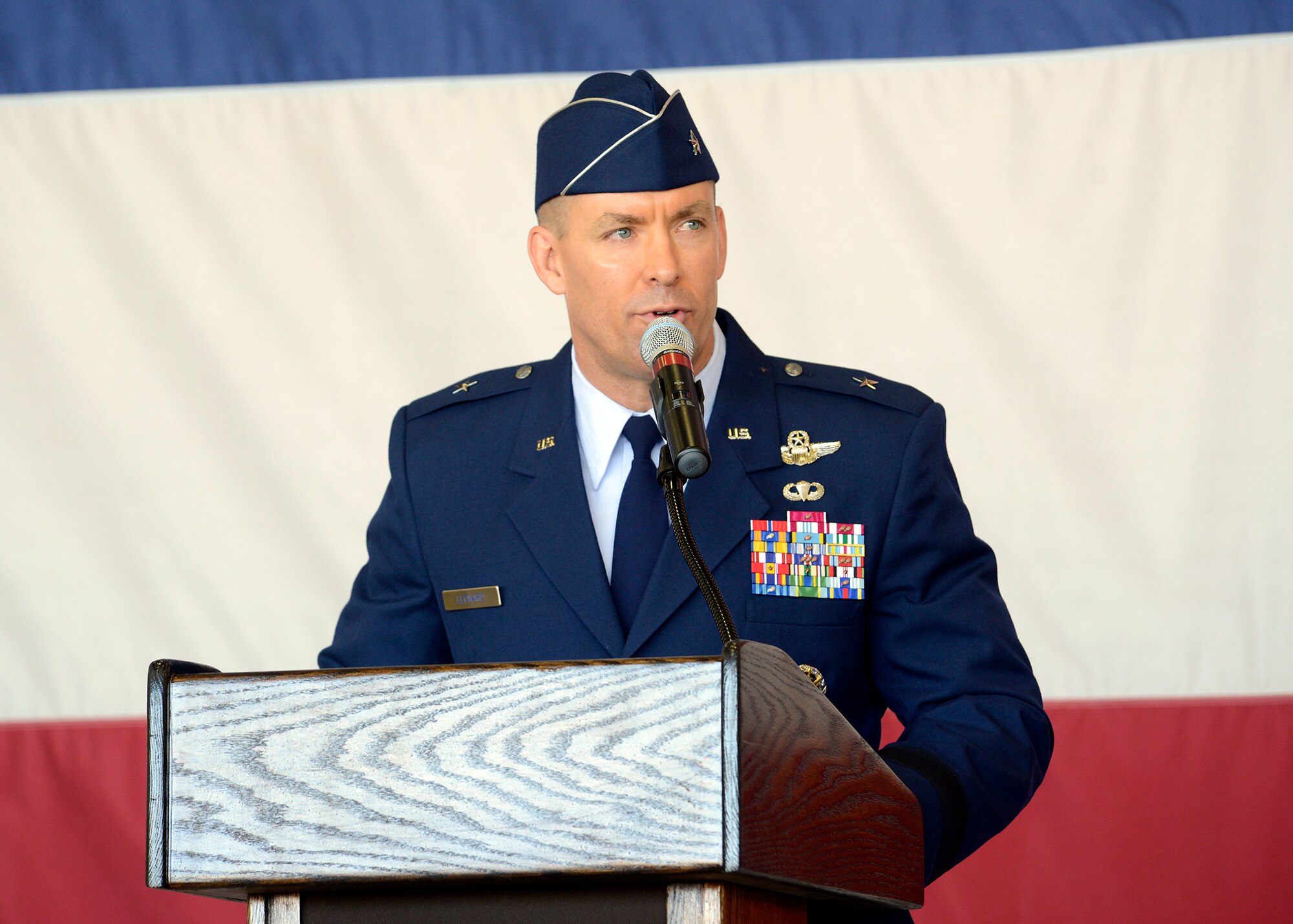 Brig. Gen. Brook Leonard, 56th Fighter Wing commander, speaks to the airmen for the first time during the 56th Fighter Wing Change of Command ceremony July 13, 2016 at Luke Air Force Base, Ariz. (U.S. Air Force photo by Senior Airman Devante Williams)
