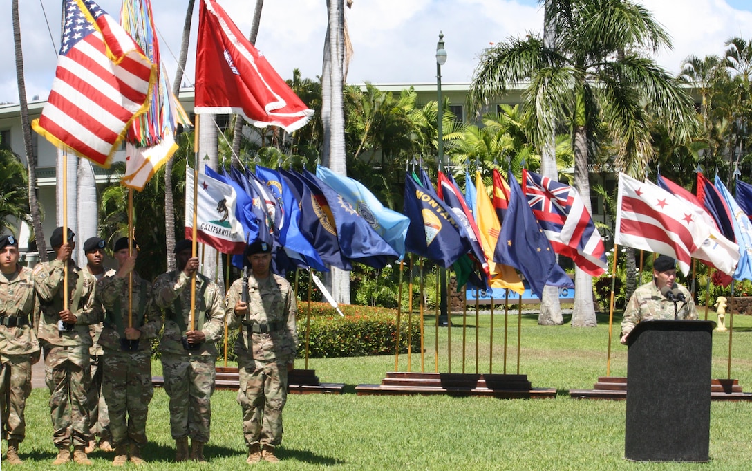 New Honolulu District Commander Lt. Col. James D. Hoyman makes his remarks during the Honolulu District Change of Command ceremony on Palm Circle at Fort Shafter.  At the ceremony Hoyman became the 70th Commander of the U.S. Army Corps of Engineers Honolulu District. 