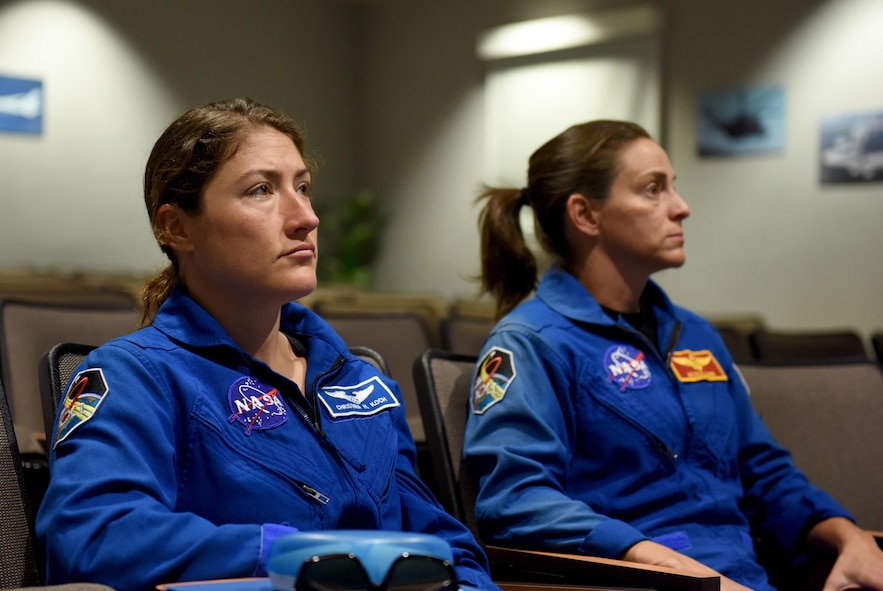 Christina Koch, NASA astronaut (left), and Lt. Col. Nicole Mann, United States Marine Corps, NASA astronaut, receive academic instruction on how their bodies will react to piloting aircraft at higher altitudes July 7, 2016, at Beale Air Force Base, California. Koch and Mann, graduated from astronaut candidate training in July 2015, and are now enrolled in Space Flight Readiness Training. (U.S. Air Force photo/ Senior Airman Bobby Cummings)