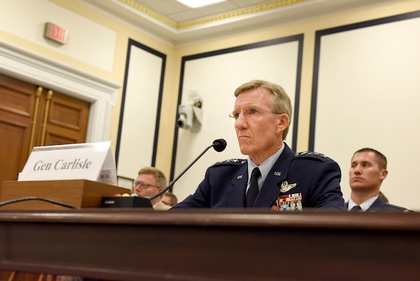 U.S Air Force Gen. Hawk Carlisle, commander of Air Combat Command, engages with the Tactical Air and Land Forces Subcommittee of the House Armed Services Committee in Washington, D.C., July 13, 2016. During the hearing, he discussed the importance of air superiority and the need to assure it by modernizing the Combat Air Force. (U.S. Air Force photo/Senior Airman Hailey Haux) 