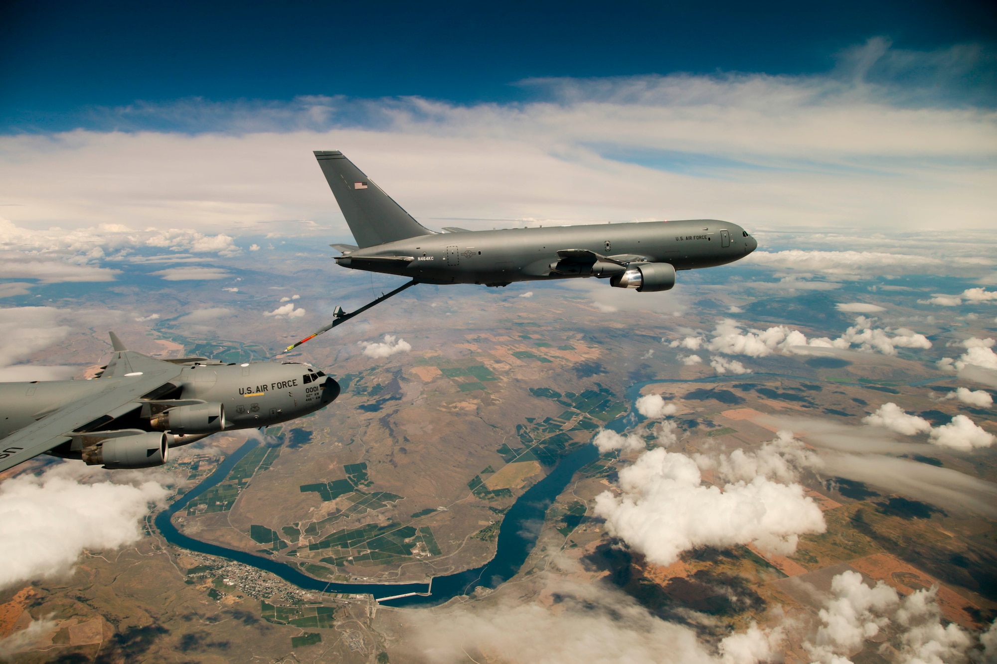 Boeing's KC-46 aerial refueling tanker conducts receiver compatibility tests with a U.S. Air Force C-17 Globemaster III from Joint Base Lewis-McChord as part of Test 003-06. The event marks the nearing completion of "Milestone C" in the new tanker's developmental testing stage. (U.S. Air Force photo by Christopher Okula)