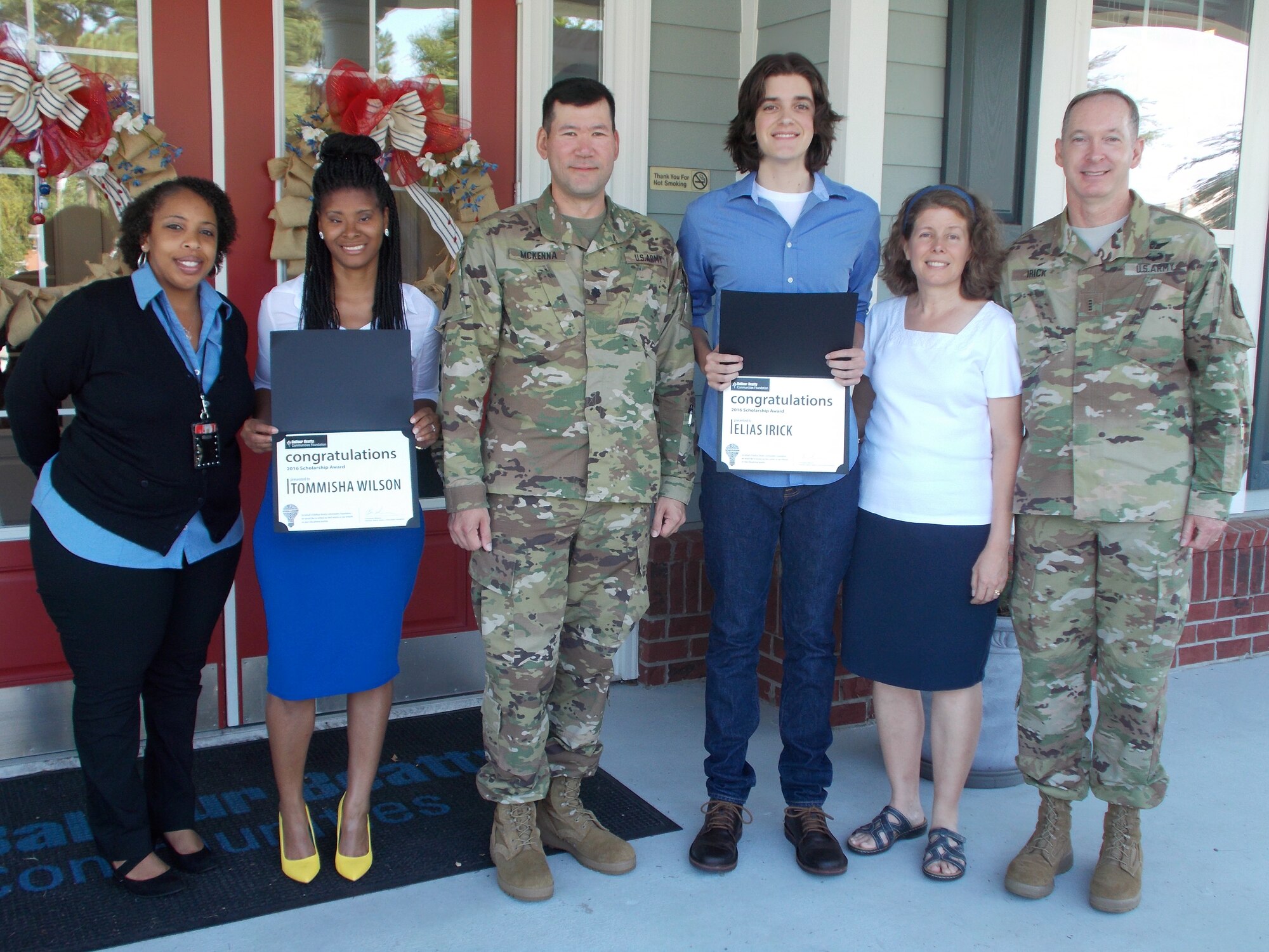 Fort Eustis family home residents Elias Irick and Tommisha Wilson receive academic scholarship awards from Balfour Beatty Communities for the 2016-17 school year through the Balfour Beatty Communities Foundation at Fort Eustis, Va., May 30, 2016. The Balfour Beatty Communities Foundation is committed to honoring military families by supporting organizations that assist military service members and their families. (U.S. Army courtesy photo) 