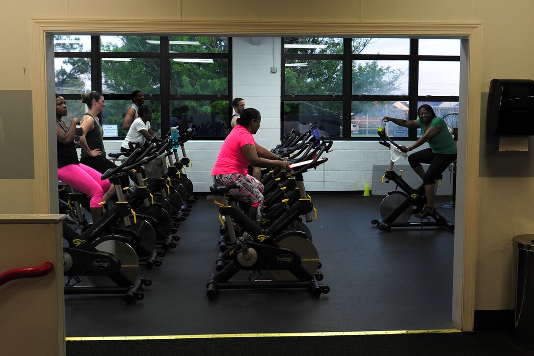 Members of the Fort Eustis community attend a morning spin class at Anderson Field House at Fort Eustis, Va., July 11, 2016.  The Fort Eustis gyms offer classes ranging from Zumba to functional fitness, boot camps, spin, yoga and suspension training.  (U.S. Air Force photo by Staff Sgt. Natasha Stannard)