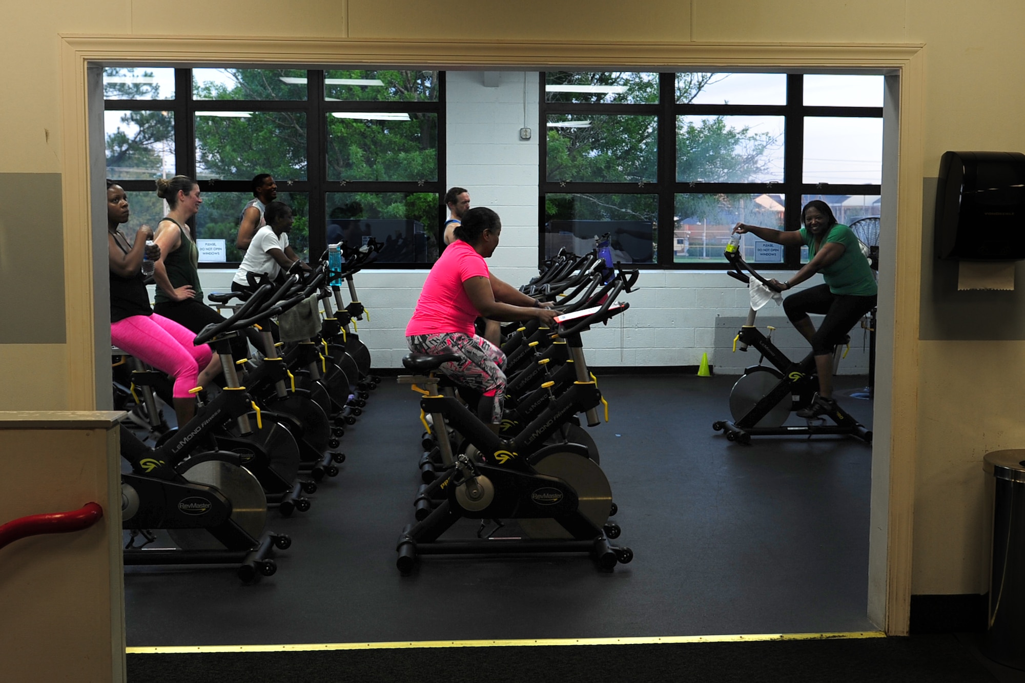 Members of the Fort Eustis community attend a morning spin class at Anderson Field House at Fort Eustis, Va., July 11, 2016.  The Fort Eustis gyms offer classes ranging from Zumba to functional fitness, boot camps, spin, yoga and suspension training.  (U.S. Air Force photo by Staff Sgt. Natasha Stannard)