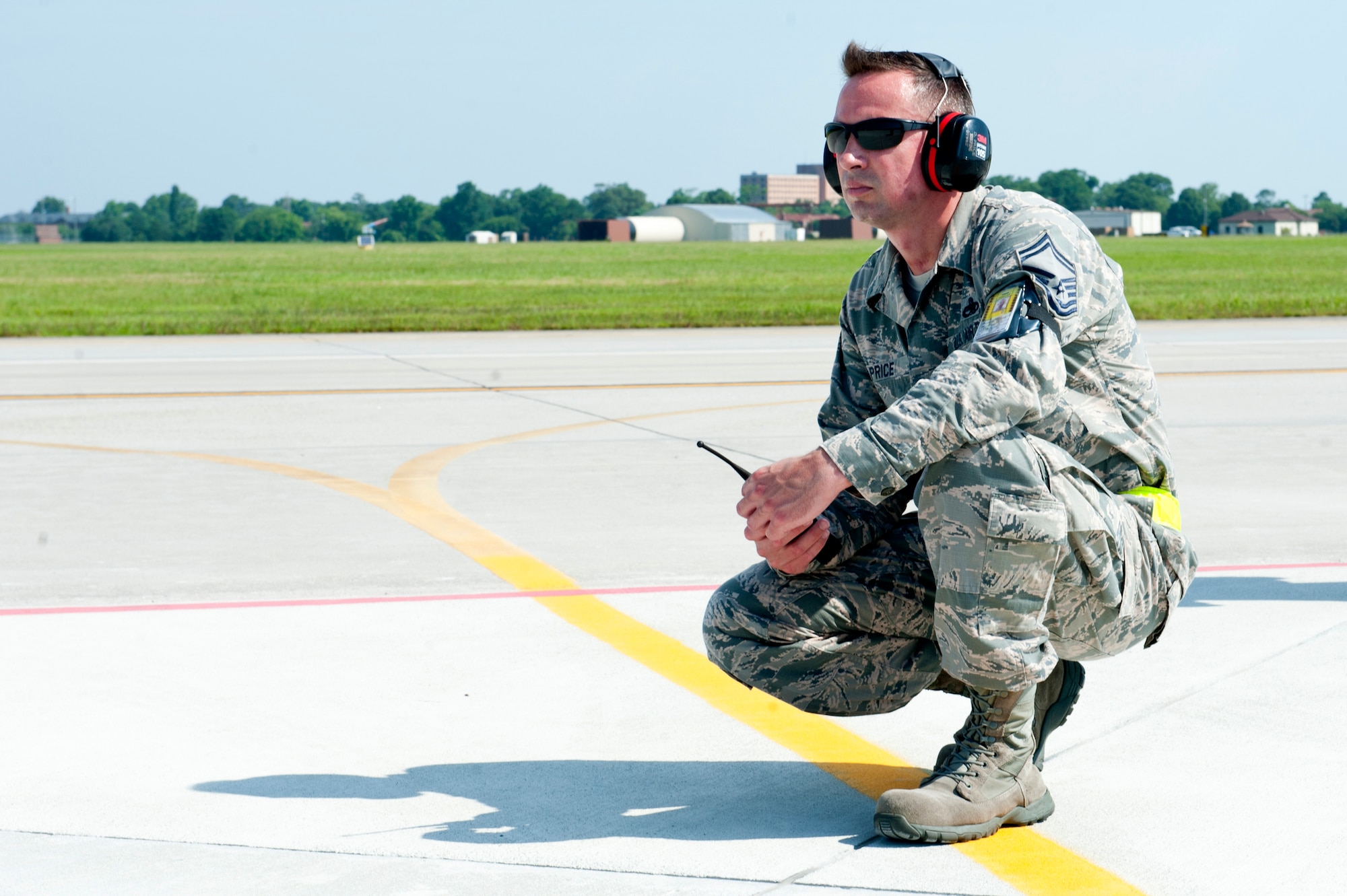 U.S. Air Force Senior Master Sgt. Donald Price, 27th Aircraft Maintenance Unit assistant superintendent and Red Flag 16-3 senior enlisted manager, watches 1st Fighter Wing F-22 Raptors taxi on the flight line at Langley Air Force Base, Va., July 7, 2016. During the 3-week-long exercise at Nellis Air Force Base, Nev., 1st and 192nd Fighter Wing maintenance Airmen will perform 24-hour operations to simulate real-world combat scenarios. (U.S. Air Force photo by Staff Sgt. R. Alex Durbin) 