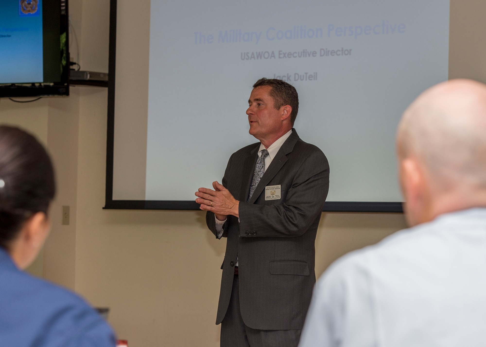 Jack DuTell, U.S. Army Warrant Officer Association executive director, briefs warrant officers and possible candidates during Warrant Officer Week at Fort Eustis, Va., July 7, 2016. Warrant officers are technical experts in their fields, who train and mentor Soldiers and provide council to leadership from a tactical perspective. (U.S. Air Force photo by Airman 1st Class Derek Seifert)