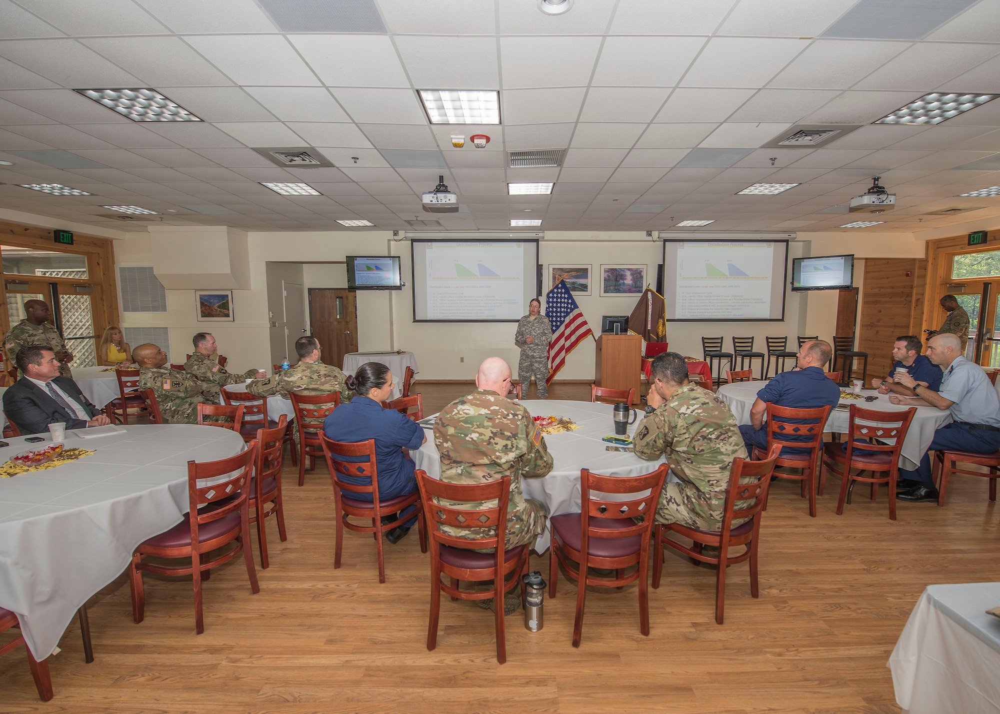 U.S. Army Chief Warrant Officer 3 Reba Wallner, Human Resources Center junior signal warrant assigned officer, speaks during Warrant Officer Week at Fort Eustis, Va., July 7, 2016. Warrant Officer Week gives warrant officers of all branches a way to network, voice their concerns and learn updated information regarding the warrant officer ranks. (U.S. Air Force photo by Airman 1st Class Derek Seifert)