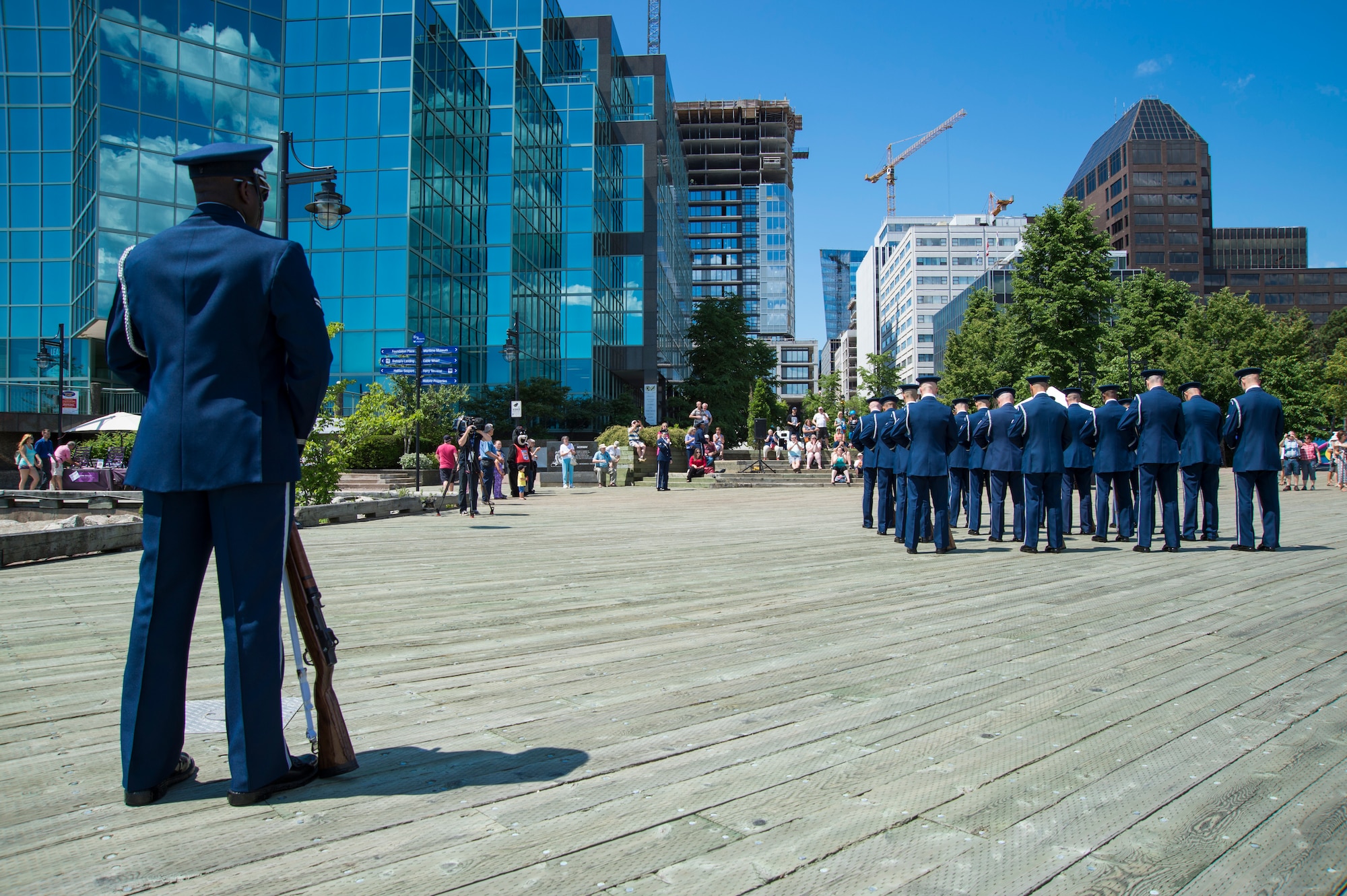 The U.S. Air Force Honor Guard Drill Team participate in a waterfront performance at a 2016 Royal Nova Scotia International Tattoo festival in Halifax, Nova Scotia, July 4, 2016. This was the first time in 20 years that an active duty U.S. Military team has performed at this event. U.S. Air Force photo by Senior Airman Ryan J. Sonnier)