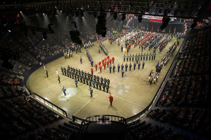 Participants of the 2016 Royal Nova Scotia International Tattoo perform the closing ceremonies at the Scotiabank Centre in Halifax, Nova Scotia, July 3. Performing countries for the event included: Canada, Kenya, New Zealand, Switzerland, Germany and the U.S. (U.S. Air Force photo by Senior Airman Ryan J. Sonnier)