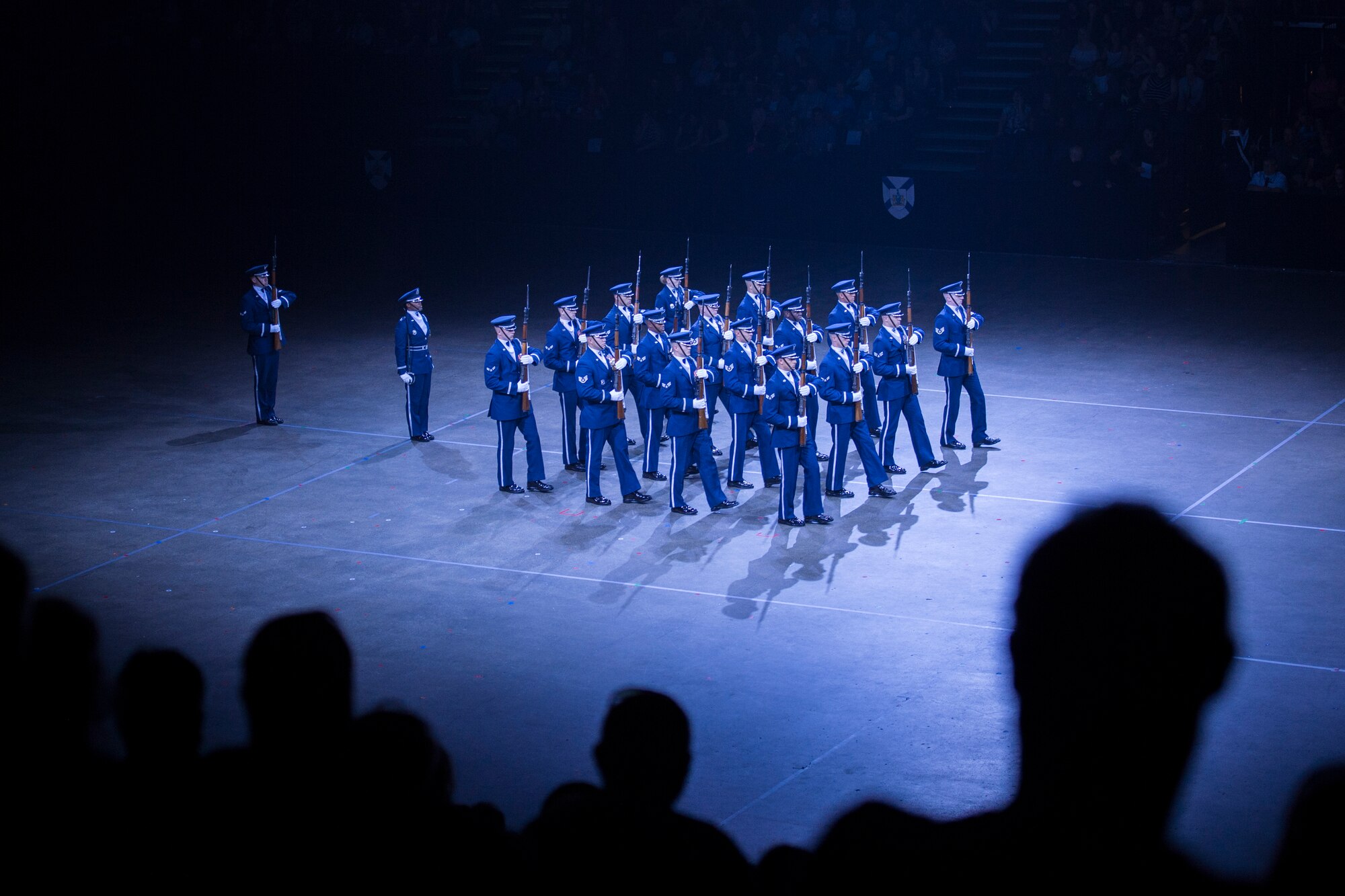 Members of the U.S. Air Force Honor Guard Drill Team perform a sequence during the 2016 Royal Nova Scotia International Tattoo at the Scotiabank Centre in Halifax, Nova Scotia, June 30. The event took place from June 30 – July 7, showcasing acts from Germany, Canada, Kenya, Switzerland, New Zealand and the U.S. (U.S. Air Force photo by Senior Airman Ryan J. Sonnier)